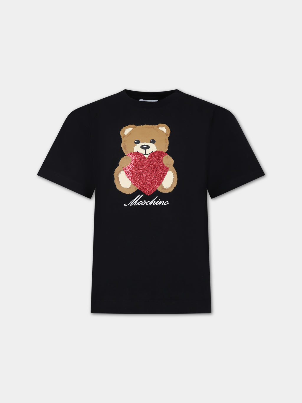 T-shirt nera per bambina con Teddy Bear e logo